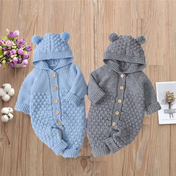 

Baby Rompers Knitted Cartoon Bear Sweaters Children's three-dimensional wool ball Long Sleeve hooded knitted jumpsuit