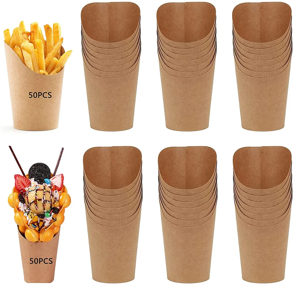 

50Pcs French Fries Cups Disposable Kraft Paper Cups Snack Containers Charcuterie Baking Cups Take-Out Party Dessert Supplies