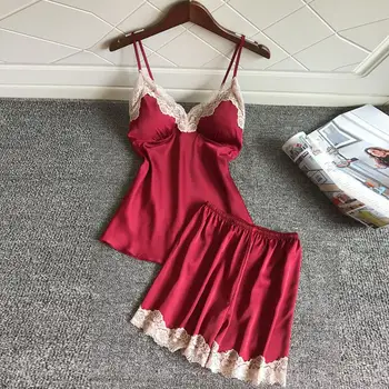 

Women Sexy Lace Nightwear Solid Sleeveless Shorts Nightwear Set Short Sleepwear Set Pizama Damska 2019 New Arrival Hot Sale YE