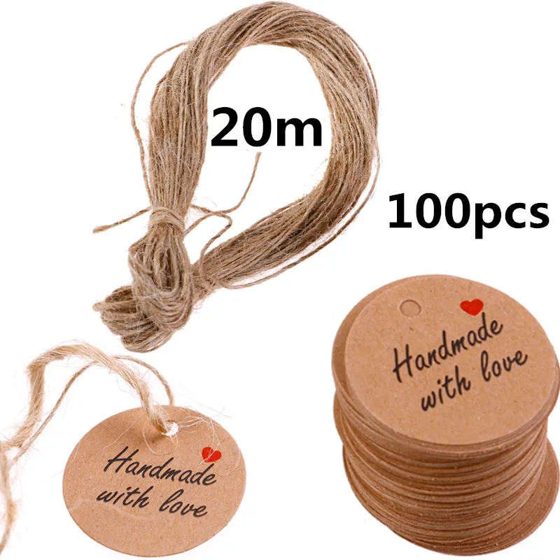 100Pcs Handmade Love Labels Hang Tags Blank Kraft Paper With 20m String Tag Labels Party Christmas Favors Gifts