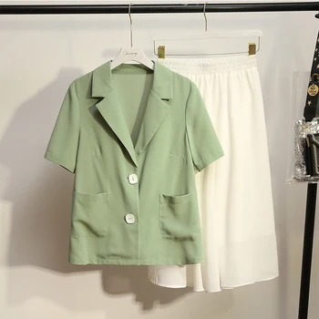 

Fashion Women Skirt Suits Notched Short Sleeve Blazer Jackets and Slim Midi Skirts Two Pieces Summer Sets Female Outfits 5XL