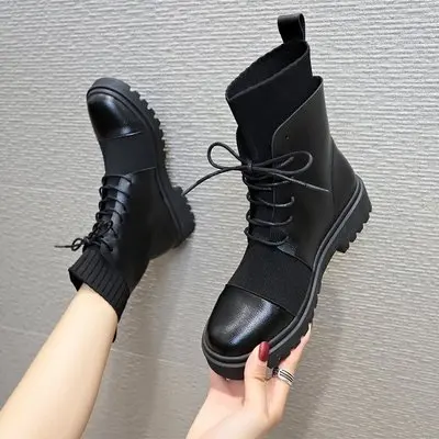

New Winter Boots Women Shoes Woman Boots Fashion Flat Round PU Ankle Boots Winter Elastic Lace Black Boots Comfortable Boots