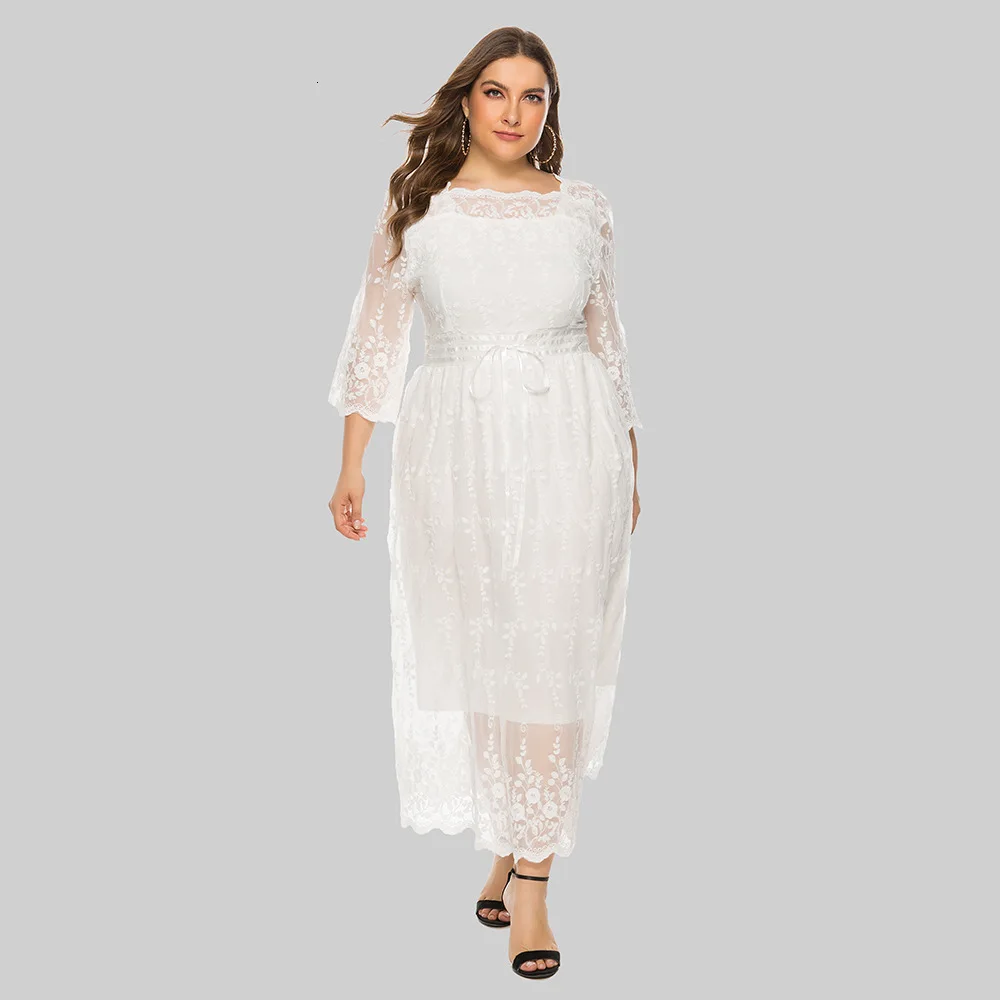 

Plus Size Floral Lace Evening Dresses A-Line Square Collar 3/4 Sleeve Bow Sashes Ilusion Formal Party Gowns Robe De Soiree 2019