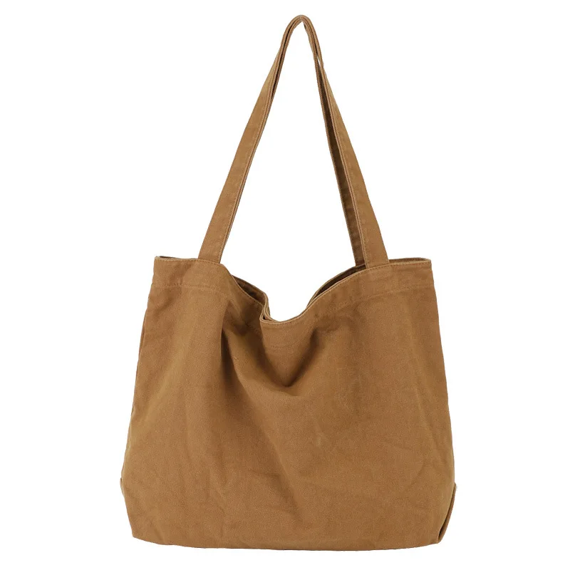 Ougger Women Large Capacity Shoulder Bags Handbags High Quality Brown Canvas Soft Solid Open Vintage Shopping Bag Casual Tote
