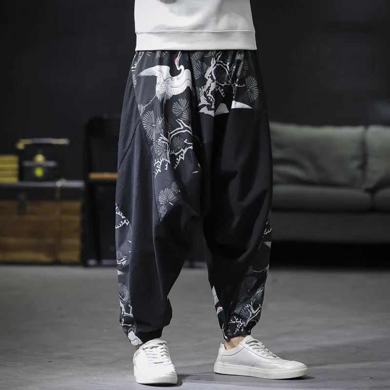 Китайский стиль, мужские брюки с принтом Журавля, Японская уличная одежда, льняные брюки, мужские брюки в стиле хип-хоп, Мужские штаны для бега, весна, KK3268 - Цвет: 1