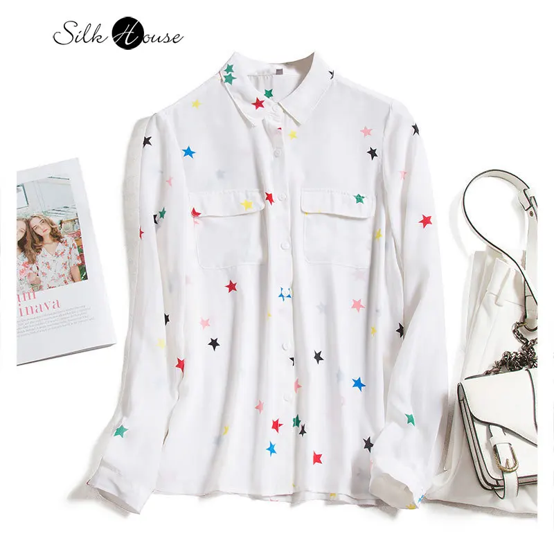 

French Shirt Family Summer Commuter Star Celebrity Inspired Colorful Five-Pointed Star White Silk Long-Sleeved Shirt Women