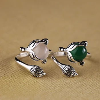 

Personality silver products manufacturer direct sales S925 pure silver jewelry fashion lady green jade fox ring antique