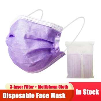 

10/50/100/200pcs Disposable Face Mask Non-woven 3-layers Filter Anti Dust Earloops Breathable Gauze Mask Purple Adult Mouth Mask