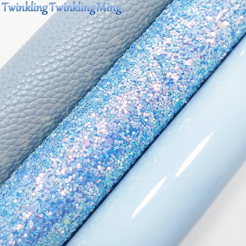 Blue Glitter Fabric, Litchi Faux Leather Fabric, Smooth Patent