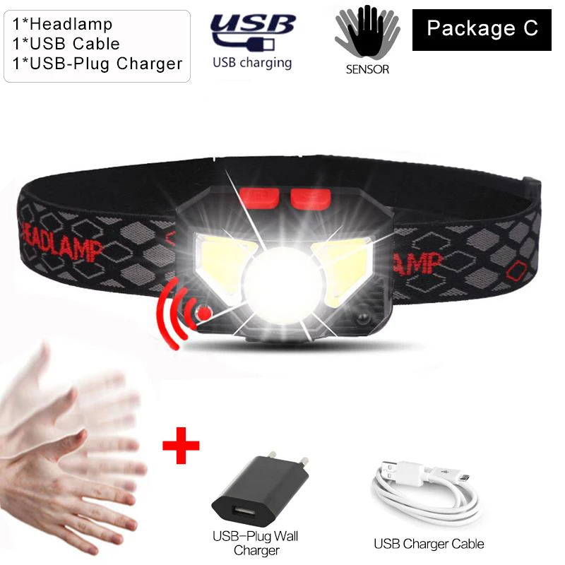 Package C Pocketman самая мощная фара с датчиком движения светодиодный головной светильник USB Перезаряжаемый головной светильник портативный светодиодный головной фонарь с usb-кабелем - Испускаемый цвет: Package C