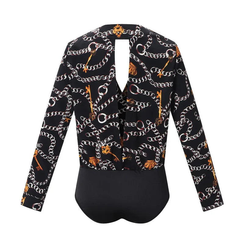 Vintage Fashion Womens Rompers Jumpsuit Long Sleeve Chain Print V-neck Shirt Ladies Clubwear Party Sexy Satin Bodysuits Tops