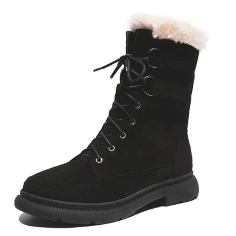 Зимние уличные женские зимние ботинки в британском стиле; женские ботинки из флока и плюша с перекрестной шнуровкой до середины голени; короткие сапоги-казаки; 1911 - Цвет: Black