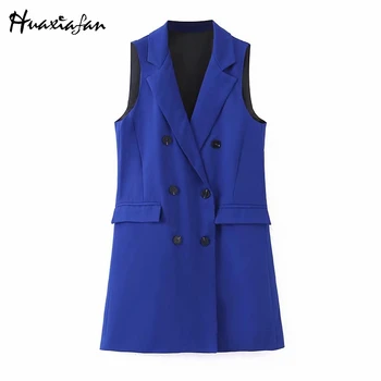 

Huaxiafan women vest blazers coats elegant long vest double breast coat sleeveless pockets outwear office blazers outweat top