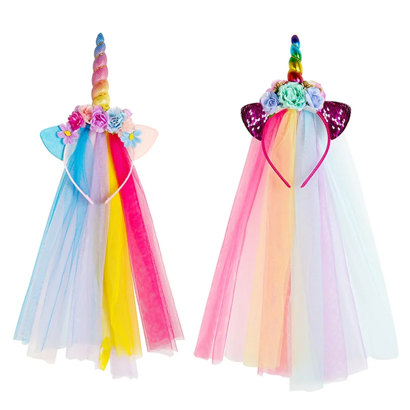 Rainbow Unicorn Headband Glitter Cat Ears Headband with Long Tulle Party Unicorn Hair Accessories Girls Unicorn Hair Band hair ties for women