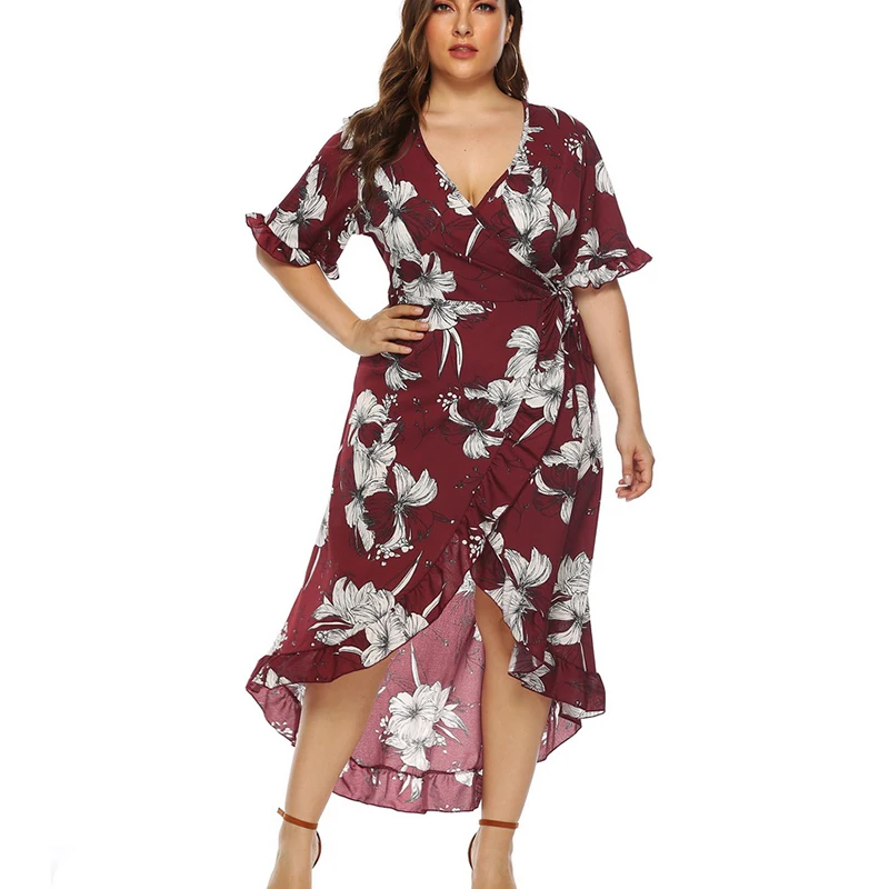 

4XL Elegant Cascading Ruffle Plus Size Dress Women Summer Split Hem Dress Female Summer Floral Print Asymmetrical Dresses D30