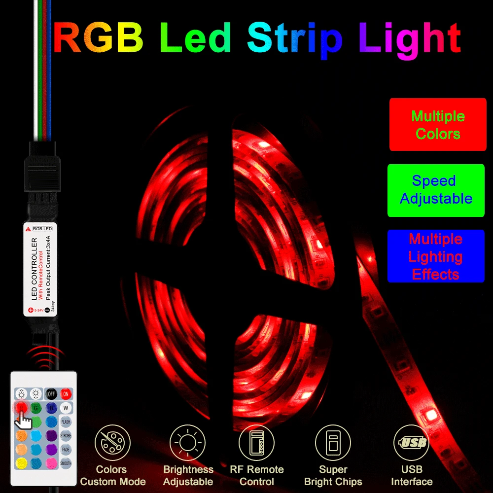 

16 Colors 5V RGB Light Strip With Remote Control For Bedroom Wardrobe Decoration LED Lamp Waterproof LED Flexible Tape 2835 SMD