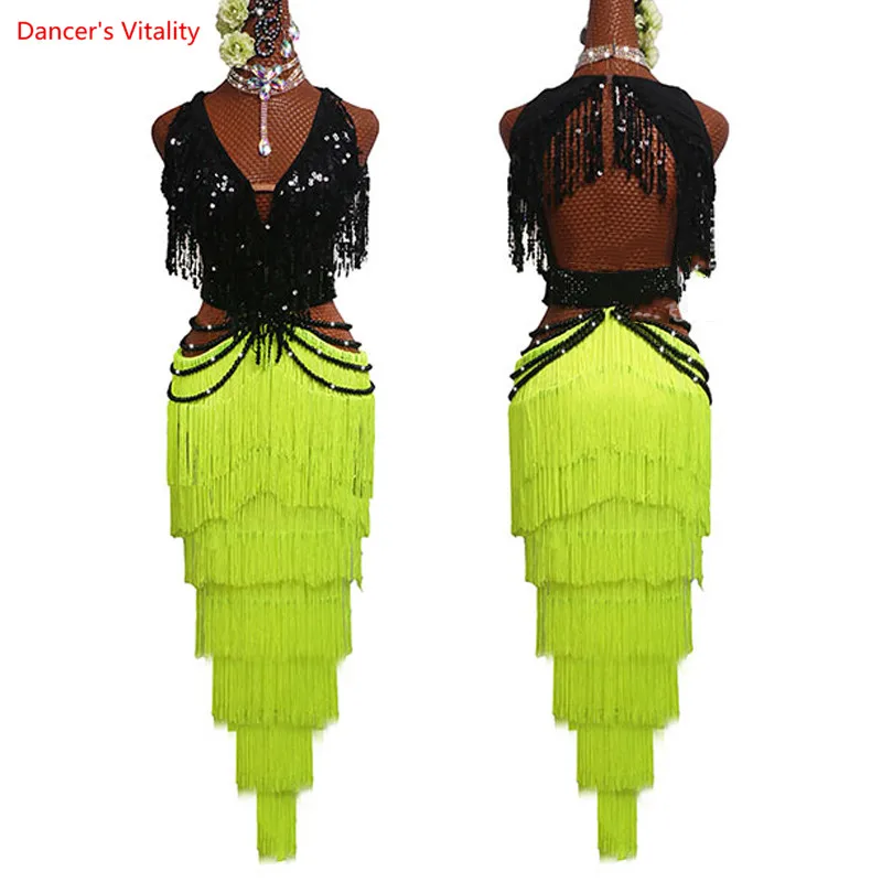 Sexy Latin Dance Competition Dress Flash Sequin Dance Tops Fluorescent
