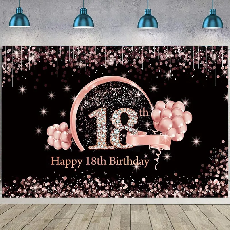 

Pink 18th Backdrop Glitter Diamonds Girls Happy Birthday Party Eighteen Years Old Age Photo Background Photocall Prop Banner