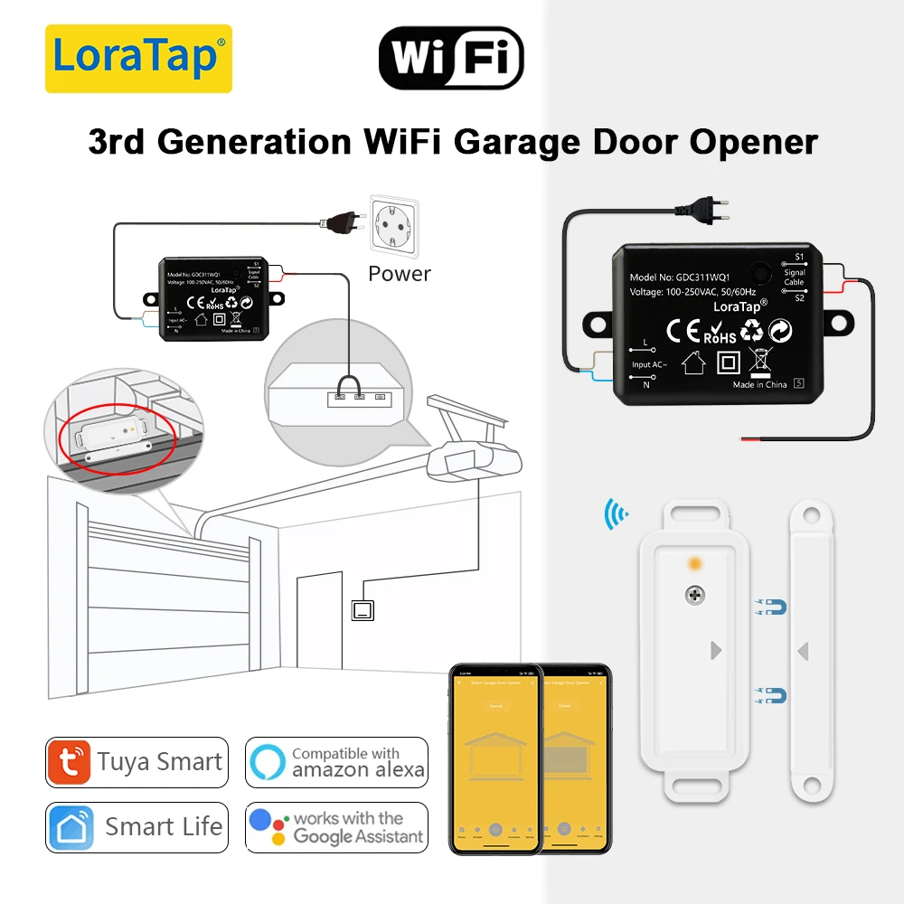 LoraTap Tuya Garage Door Wireless Sensor Opener Controller Remote Control via Smart Life Google