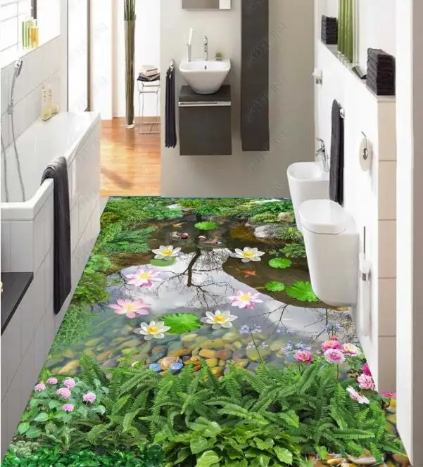 

Виниловый настил на заказ, ПВХ Лотос, пруд, потоковый пейзаж, 3d Рисунок пола, для гостиной, спальни, водонепроницаемый и самоклеящийся пол