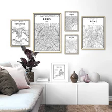 Blanco y Negro personalizado Mapa de ciudades del mundo París Londres Nueva York Posters nórdicos Pared de salón imágenes artísticas hogar Decoración lienzo pinturas