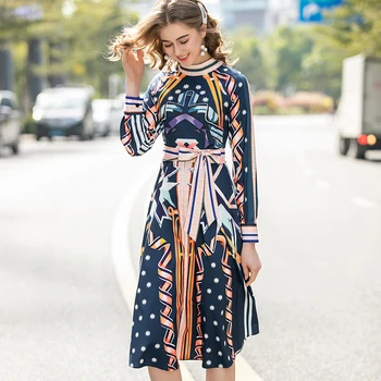 

Belt Long Sleeve Slim Temperament Boho Retro Style Party Abstract Print 2020 Spring Summer New Style High Quality Women