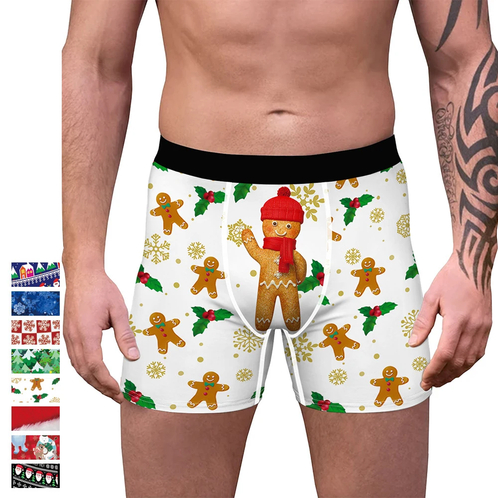 Mens Christmas Print Underwear Boxer Spandex Homme 3D Boxershorts Boxers Breathable Sports Long Flat Male Xmas Underpants | Тематическая
