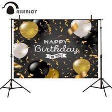 Allenjoy Happy Birthday Backdrop Glitter Golden Ribbon Balloons Black Party Curtain Banner Photozone Baby Shower Event Supplies