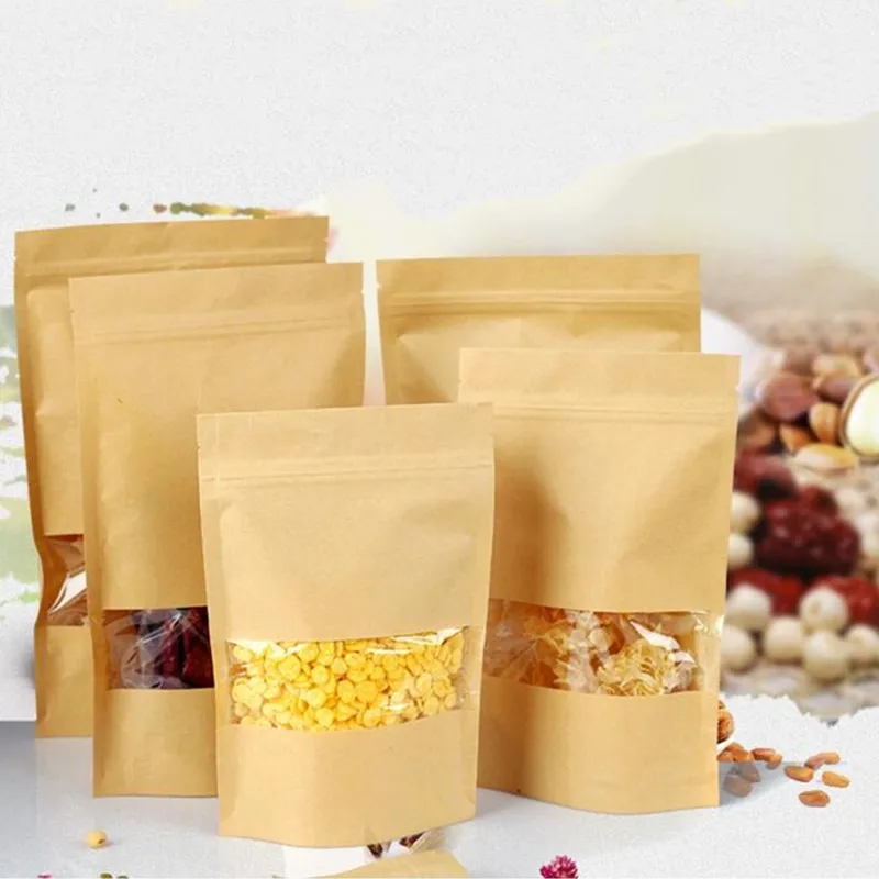 

Small bags 200pcs/lot Brown Stand up Pouch Kraft paper Zip Lock bags Clear Window,Retail Doypack candy pouches with zipper