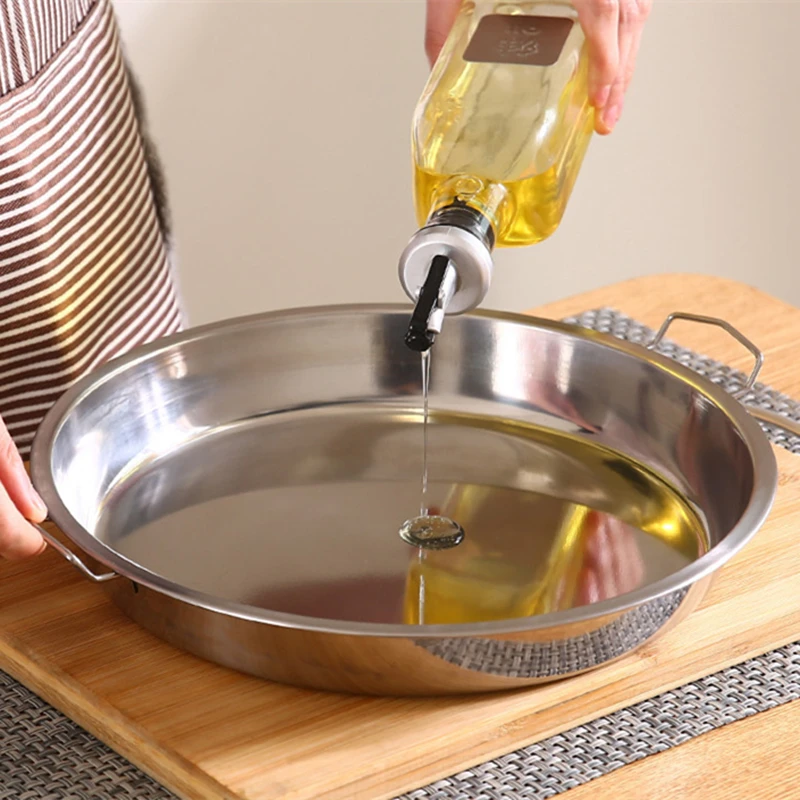 Round Stainless Steel Serving Plates for Food Cold Noodle Making Dishes Steamed Tray Dinnerware Kitchen Pastry Pan with Handle
