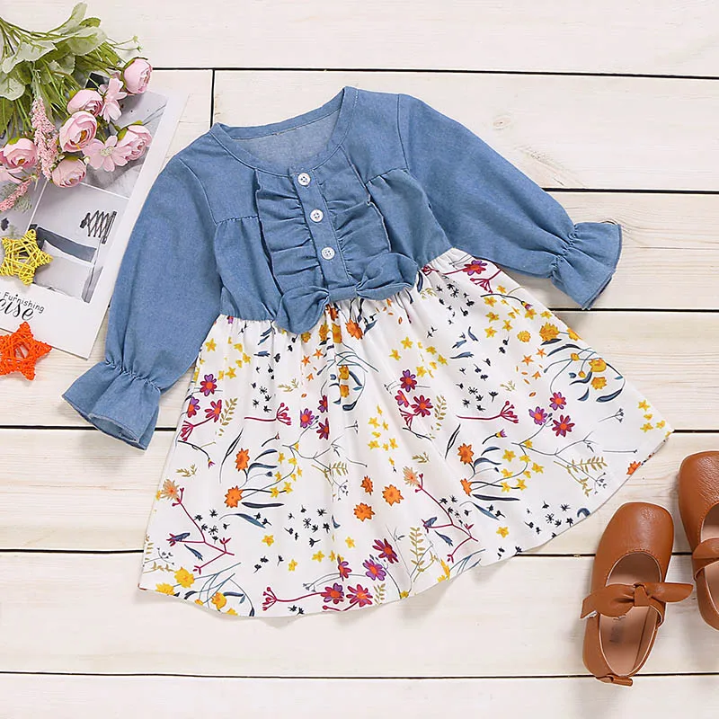 От 1 до 4 лет-осеннее платье для маленьких девочек Детские платья принцессы с длинными рукавами и цветочным принтом в стиле пэчворк