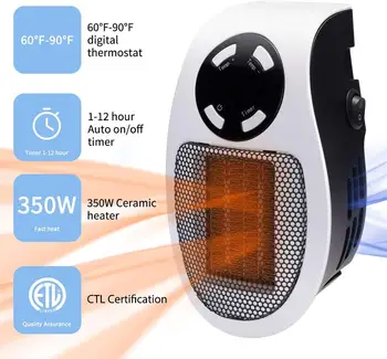

Wall Outlet Mini Space Electric Heater Fast Warmer Fan Heater Machine with Adjustable Thermostat & Timmer for Ofiice Dorm Room