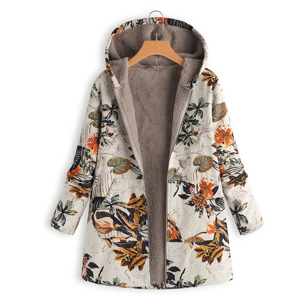 Женская куртка плюшевое пальто Женская ветровка зимняя теплая верхняя одежда цветочный принт с капюшоном карман винтажное пальто оверсайз плюс размер 9,3