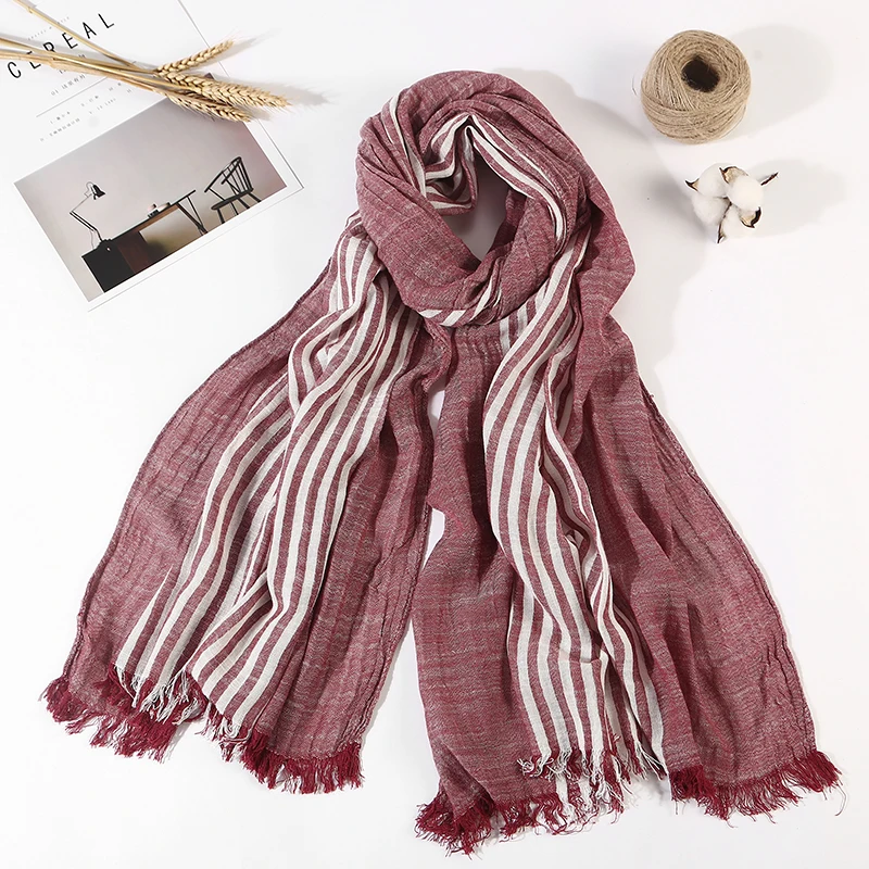 Striped wine Новинка, японский стиль унисекс, зимний шарф, хлопок и лен, одноцветные, длинные женские шарфы, шаль, модный мужской шарф - Цвет: Striped wine