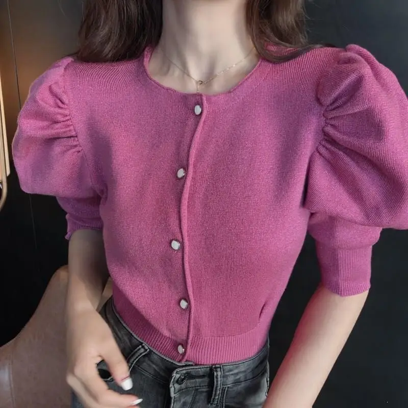 

2019 New Short Puff Sleeve Sweater Cardigan Palace Style Vintage Single Breasted Knitted Jacket Women Coat Tops