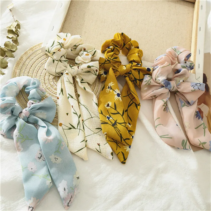 

Hair Bow Women Chiffon Scrunchies Elastic Hair Bands Vintage Ponytail Holder Scarf Boho Floral Print Scrunchie Hair Accessories