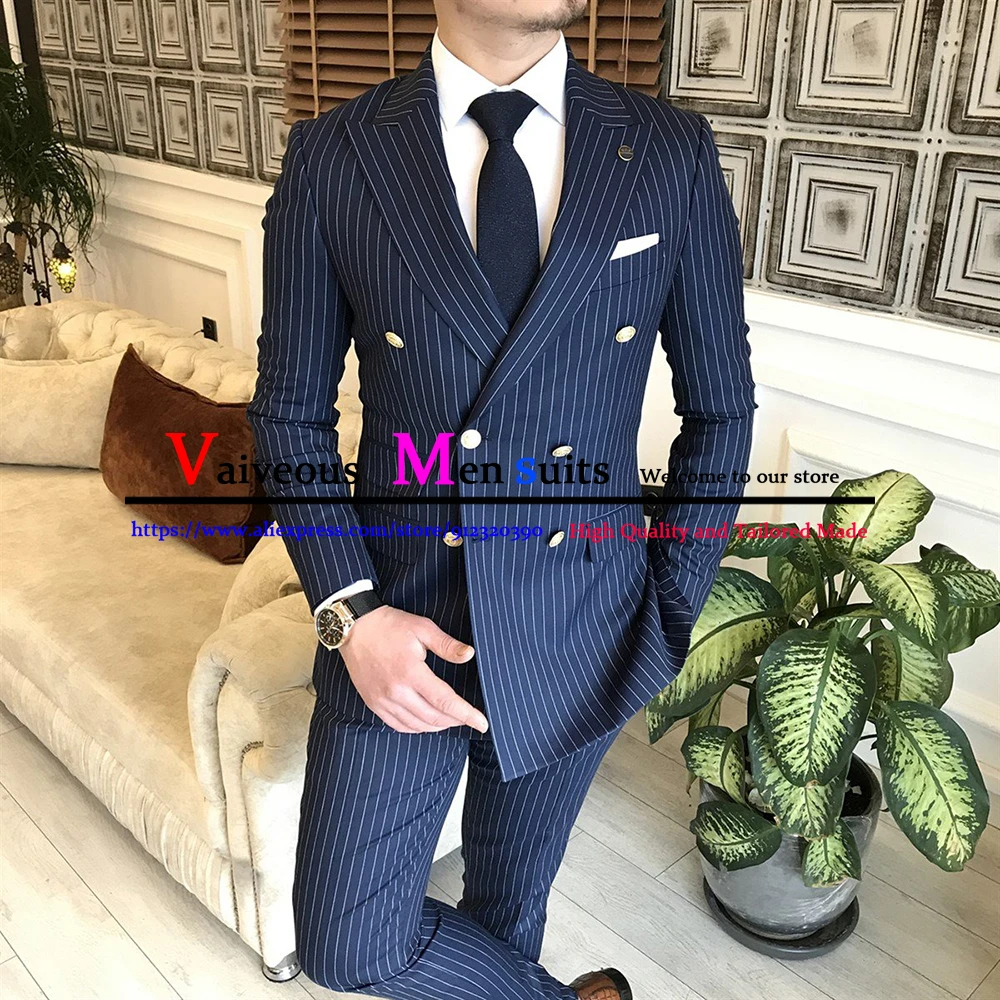 (Jacket+Vest+Pants) British Style Casual Striped Men's Business Suit 3 Piece Double Breasted Tuxedo Groom Suits for Men Wedding | Мужская