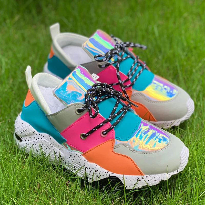 Women's Rainbow Shoes Mixed Color Casual Sneakers Multicolor Increase Sports Shoes Comfortable Breathable Holographic Outdoor Shoes (1)