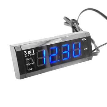 

3 In 1 Car Digital Red Blue Light Portable LCD Screen Universal Voltmeter Thermometer Electronic Clock With Adhesive Tape Mini