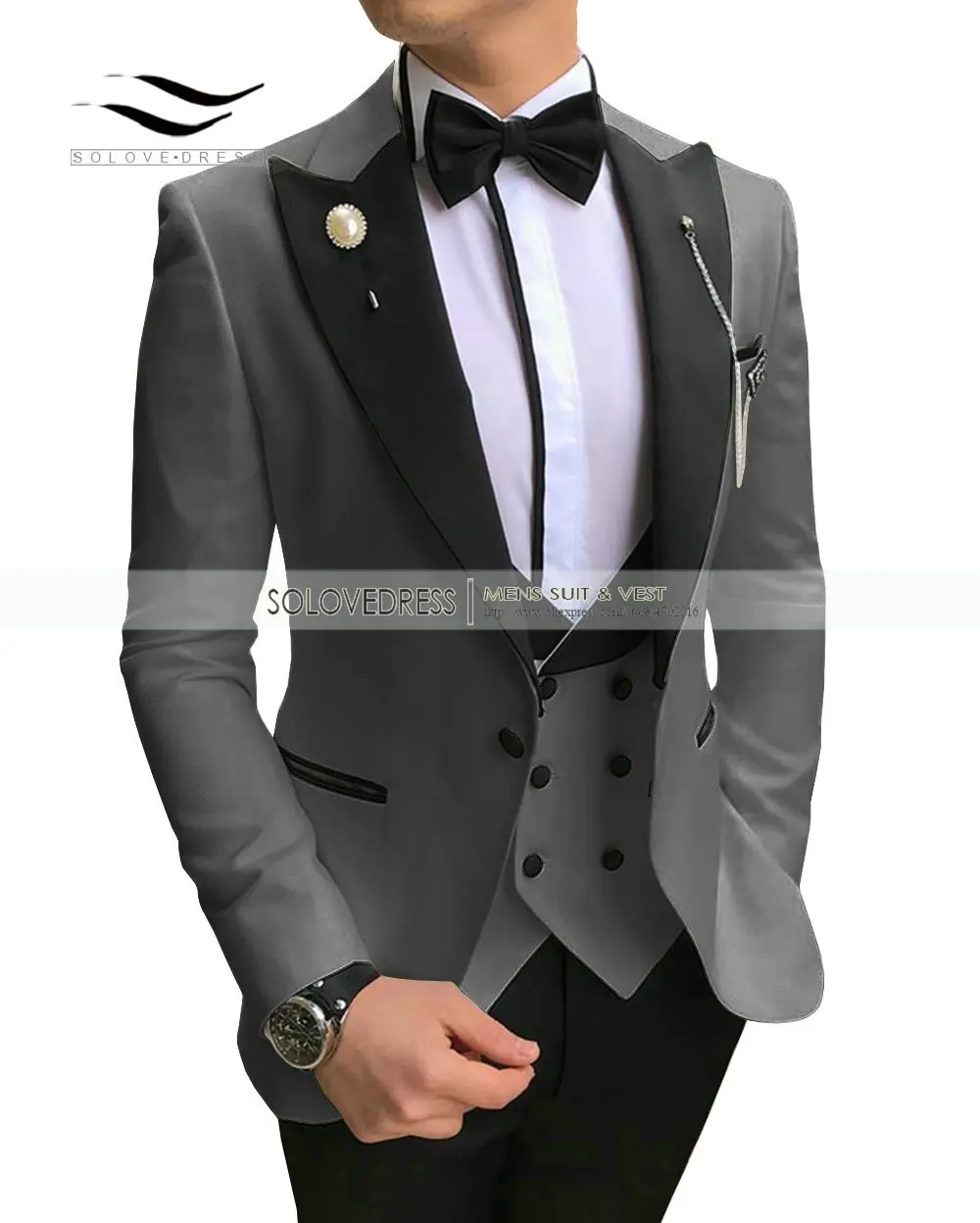 Grey Solovedress 3 шт. мужской деловой костюм одежда Slim Fit смокинг жених двубортный жилет куртка Tux брюки пик лацкане Мода M21 - Цвет: Grey