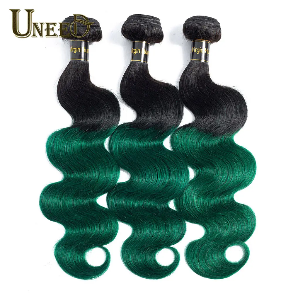 

Uneed Ombre T1B/Green Peruvian Body Wave Bundles 1/3/4 Pcs No-Remy Human Hair Weave Bundles Dark Roots Two-tone Hair Extensions