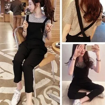 

Women Vintage Overalls Ankle Length Jumpsuits Cotton Blend Solid Color Jumpsuits Casual Split Pants With Pockets Long Trousers