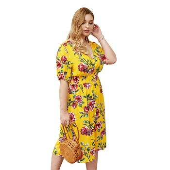 

Plus Size Printed Dress Women Flower Printed Dress Women Short Flare Sleeve Floral Lace Patchwork V-Neck Dress Ladies Vestidos