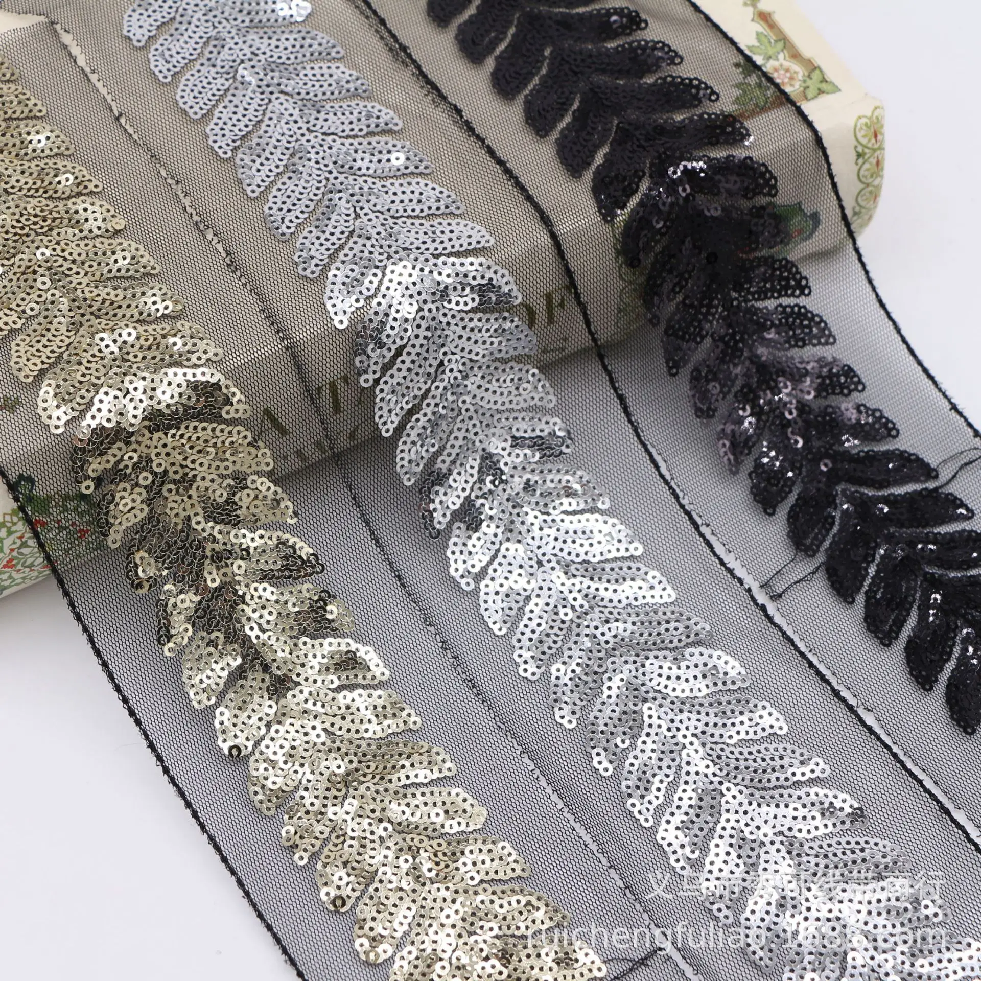 

16Yards Gold Silver Leaf Sequin Ribbon Trim Webbing Costume Decoration Sewing Paillette Black Mesh Lace DIY Hair Accessories