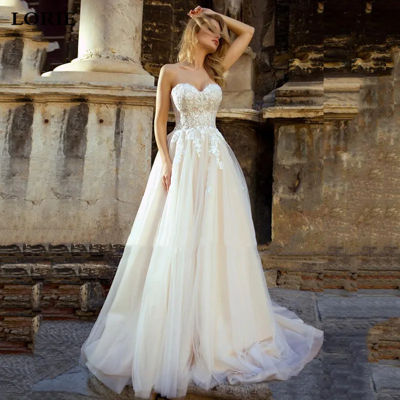 

LORIE Champaagne Lace Wedding Dress A Line Sweetheart Neck Bride Dresses Puff Tulle Appliques Bridal Gowns 2022