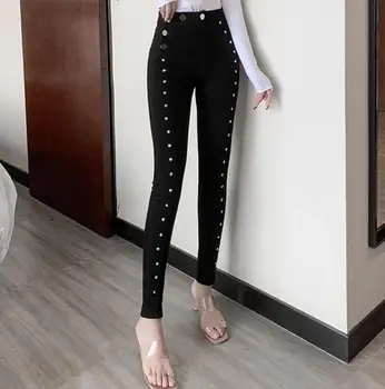 

Fashion beaded black jeans female 2020 spring new high waist slim stretch small feet pencil pants denim pants r741