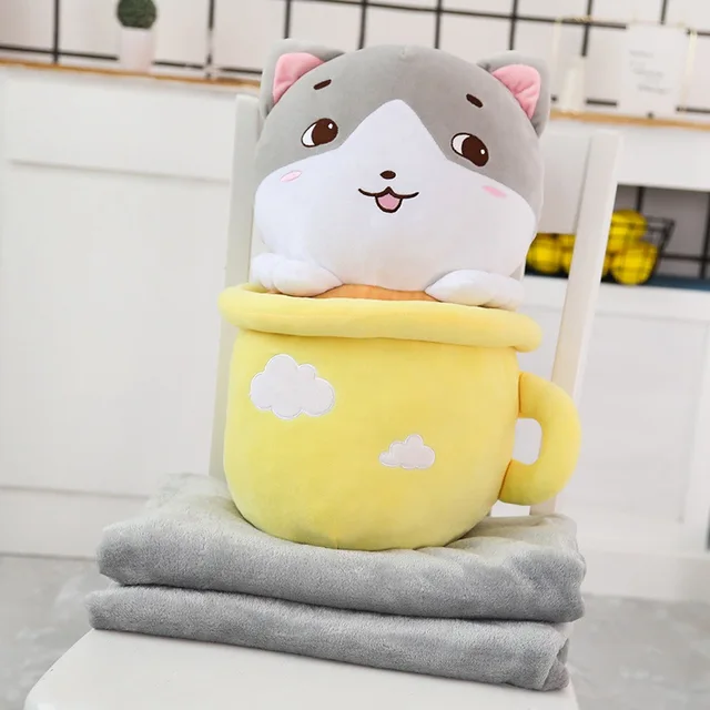 50cm High Quality Cute Cat Cup Plush Toy Soft Cartoon Animal Teacup Cat with Blanket Stuffed Doll Chair Pillow Kid Birthday Gift