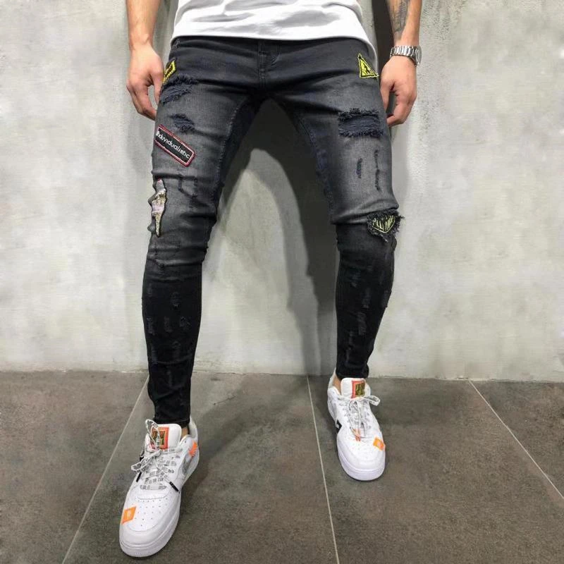 Goede 3 stijlen Mannen Ripped Skinny Biker Jeans Vernietigd Verzwakte Print Borduren Slim Fit Denim Broek Jean Plus Size 3XL