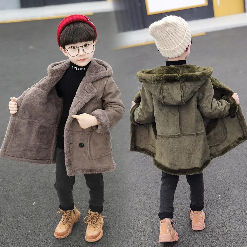 Boys Thickened Suede Fur Jacket Autumn Winter New Children's Velvet Warm Outerwear Clothes Kids Fashion Hooded Overcoat B352