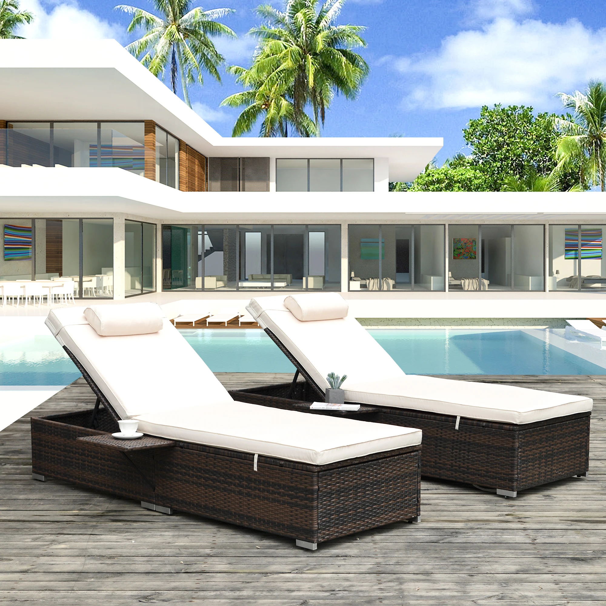 

Outdoor Patio PE Wicker Chaise Lounge 2Pcs Brown Rattan Reclining Chair Furniture Set Beach Pool Adjustable Backrest Recliners